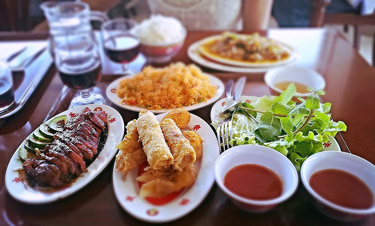 repas asiatique avec riz frit, viande marinée, rouleaux frits et salade fraîche
