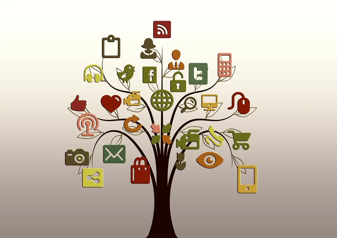 arbre représentant l'interconnexion des réseaux sociaux et médias numériques