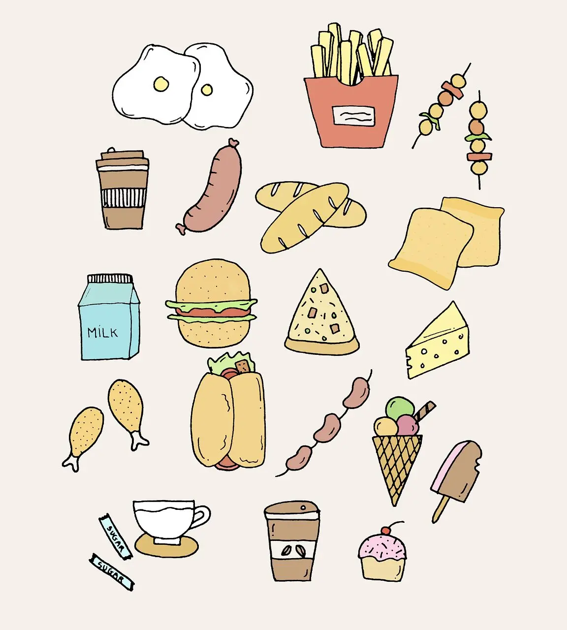 illustration d'aliments typiques : café, pain, fromage, vin et autres spécialités culinaires françaises